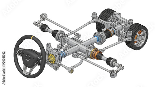 Detailed vehicle autocad blueprint of a car's suspension system and steering mechanism in a technical illustration viewed from above