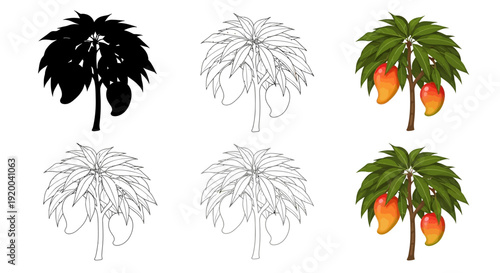 Collection of four distinct stylized mountain icons showing silhouette outline flat color and shaded vector graphic variations for landscape design assets