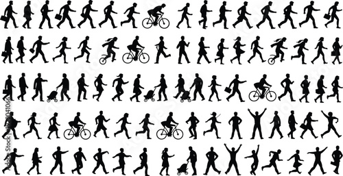 Large set of diverse people silhouettes walking, running, cycling, and pushing strollers representing active community, urban lifestyle, movement, fitness, and daily human activity.