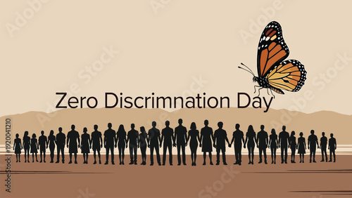 Zero discrimination day silhouette of diverse people holding hands with butterfly and mountains background unity concept
