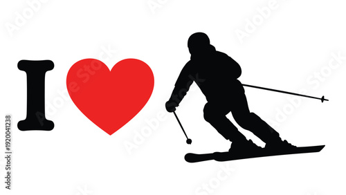 A silhouette of a skier enjoying the slopes with a heart symbol. isolated on white background, Vector