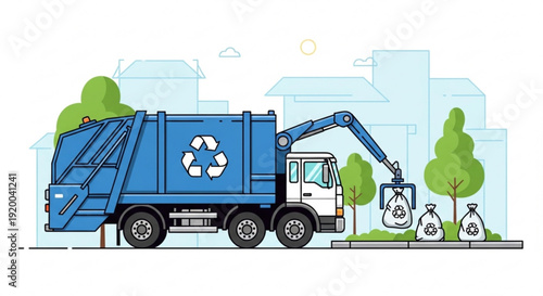 Blue garbage truck with recycling symbol collecting trash bags on a city street flat vector illustration for waste management and environmen