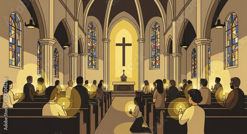 People attending a candlelight vigil in a church with stained glass windows and a cross symbolizing faith and community