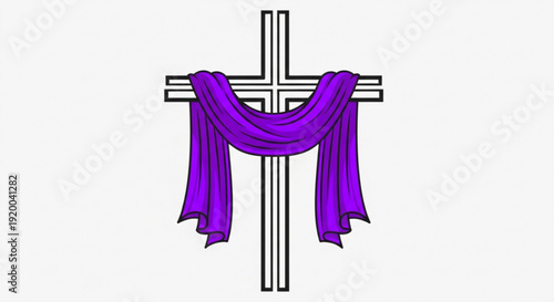 Christian cross draped with purple fabric symbol of Lent and Easter religious illustration for worship and faith concepts isolated on white