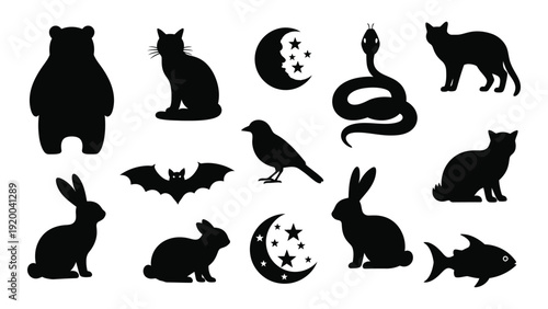 Halloween-themed black silhouettes of animals and symbols isolated on white background, Vector