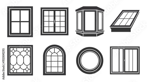 Windows illustration collection, arched, bay, skylight, and stained glass designs in black and white, ideal for architectural, interior, and building design vector projects.