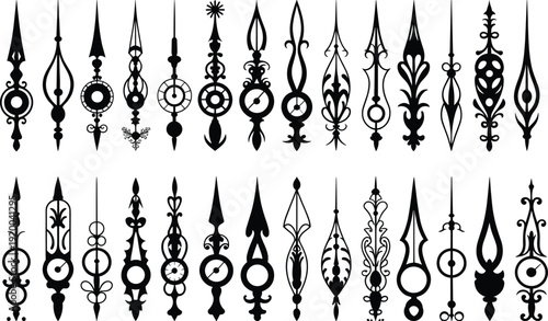 Large set of vintage clock hand silhouettes featuring ornate, antique, and decorative designs for watchmaking, time measurement, horology, and classic clock face decoration.