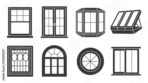 Window design vector set, includes arched, bay, skylight, and stained glass styles in black and white, suitable for architecture, home, and creative illustration projects.