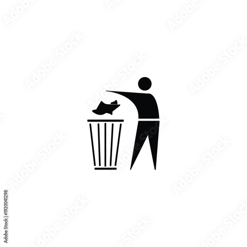 Person throwing fish in trash can in simple black icon style