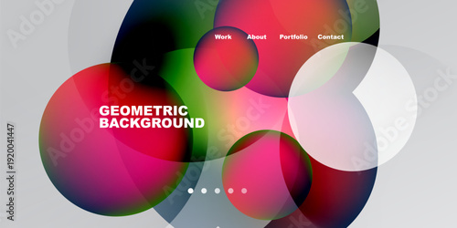 Abstract colorful circles overlap. Text labels present work, about, portfolio, contact. Geometric background design appears modern, vibrant.