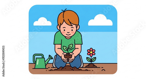 Young boy planting a seedling in soil with a watering can and flower nearby concept of gardening and growth flat illustration