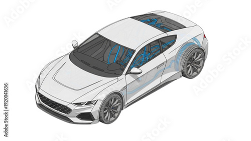 Detailed vehicle autocad blueprint illustration of a modern car from an isometric viewpoint showcasing technical design elements