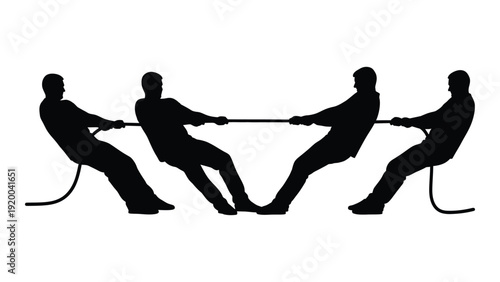 Silhouette of four people engaged in a tug of war competition. isolated on white background, Vector