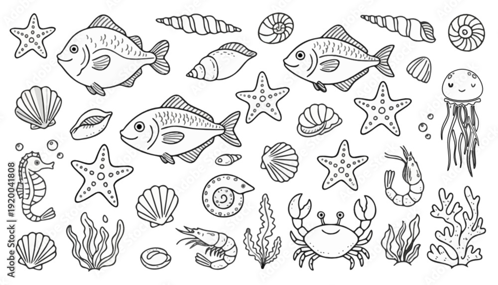 Obraz premium Collection of Hand-Drawn Marine Life Illustrations, Including Fish, Shells, Starfish, and Jellyfish