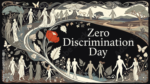 Stylized illustration of diverse people holding hands in a natural setting, celebrating zero discrimination day with floral motifs