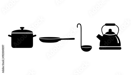 A collection of kitchen cookware including a pot, frying pan, ladle, and kettle, presented in a simple, clear graphic illustration on a white background