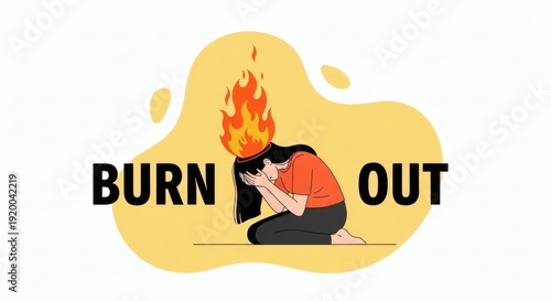 Burnout Woman on fire Mental health illustration on white background.