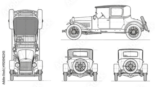 Detailed vehicle autocad blueprint of a vintage car shown from multiple viewpoints including front, side, and rear perspectives