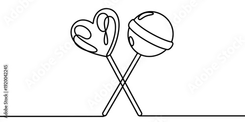 A continuous line drawing depicts two lollipops one heart shaped and one circular crossed and resting on a surface high-quality