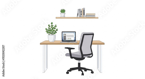 Modern home office desk with laptop and chair.