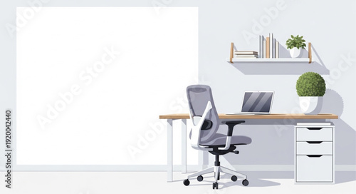 Modern Office Desk with Laptop and Chair.