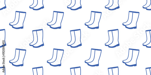 Seamless pattern with hand drawn doodle rubber boots, blue outline vector illustration isolated on white background, autumn or spring rain shoes background