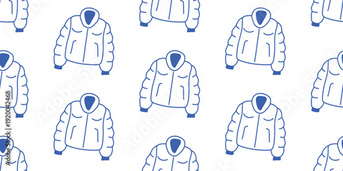 Seamless pattern with hand drawn doodle winter puffer coats, blue outline vector illustration isolated on white background, warm jacket clothes background