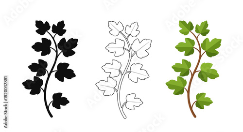 Set of three simple smooth triangular icons or abstract shapes showing solid fill outline and shaded gray volume representations for design elements