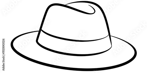 A minimalist black and white line drawing depicts a classic fedora hat with a curled brim and indented crown high-quality