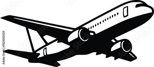 Black and White Vector Illustration of a Modern Jet Airplane Ascending, Isolated on White Background. Clean Graphic Design for Travel, Aviation, and Business Concepts.