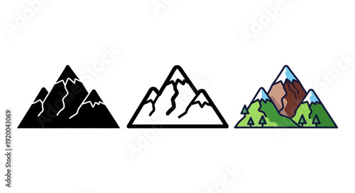 Collection of three stylized bonsai tree icons showcasing a black silhouette a simple outline and a full color flat illustration of the miniature plant art