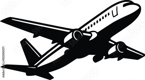 Modern Jet Airplane Taking Off, Vector Illustration. Black and White Graphic Icon for Travel, Aviation, Business, and Transportation Concepts. Isolated on White Background.