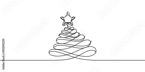 A minimalist single line drawing depicts a christmas tree with a star atop set against a plain white background high-quality