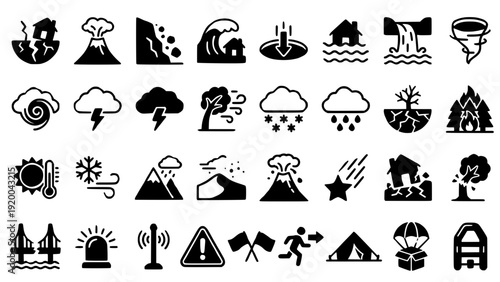 Comprehensive Natural Disaster and Weather Emergency Icon Set with Flat Design Elements