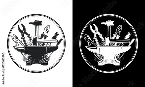 Vintage Blacksmith Anvil with Assorted Hand Tools in a Circular Emblem Design.
