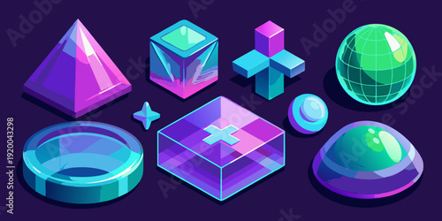 3D glass figure set transparent geometric futuristic game objects cyber sport joystick button symbol. Holographic purple cross, transparent spectrum material texture, square, circle