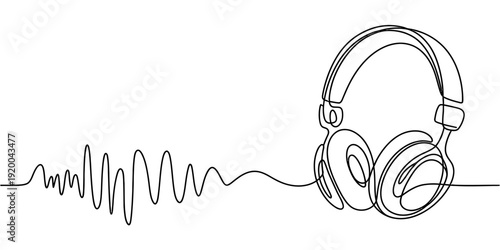 A continuous line drawing depicts a pair of modern headphones and an adjacent sound wave form high-quality professional detailed elegant