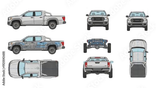 Detailed vehicle autocad blueprint designs of a pickup truck from multiple viewpoints and angles