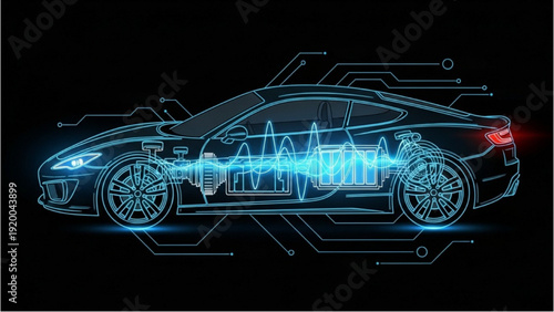 Futuristic vehicle autocad blueprint design showcasing sleek sports car model with precise technical drawings and electric blue highlights