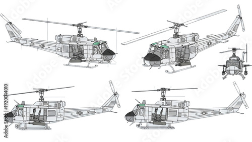 Detailed vehicle autocad blueprint of military helicopters displayed from various viewpoints