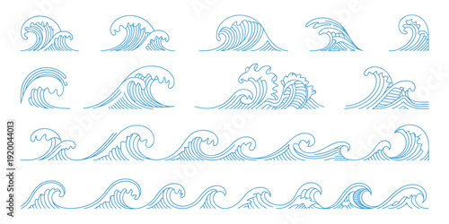Water line vector pack, sea waves with splashes, blue ocean waves, linear marine decoration, abstract aqua flow, and nautical surf symbols for illustration, branding, and design projects.