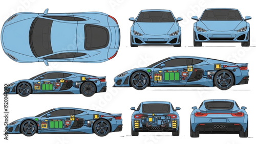 Detailed vehicle autocad blueprint designs of a sports car from multiple viewpoints and angles