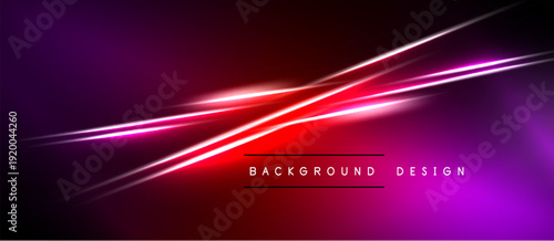 Abstract background features vibrant purple, red neon lines. Minimalist design with text elements below glowing streaks. Dramatic lighting creates depth.