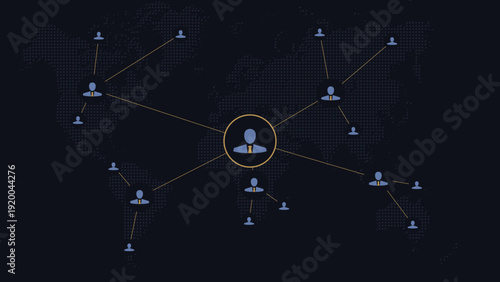 Global business network concept. People avatars connected by lines over a dotted world map, representing international communication, teamwork, and globalization.