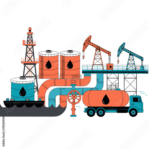 oil industry, refinery, drilling rig, offshore, energy, petroleum, gas station, fuel truck, storage tank, pipeline, extraction, industrial, illustration, flat design, engineering, production, platform
