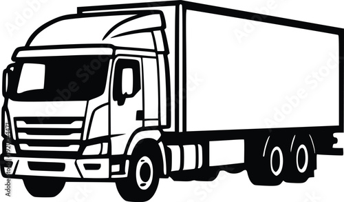 Black and White Vector Illustration of a Modern Semi-Truck with Trailer, Isolated on White Background. Clean Line Art for Logistics, Delivery, Transportation, and Commercial Use.