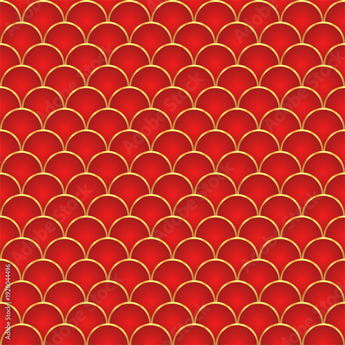 Traditional chinese fish scale seamless pattern. Red golden asian sea wave luxury ornament. Oriental, japanese background. Eastern vector motif. Template for cards, banner, poster and calendar.