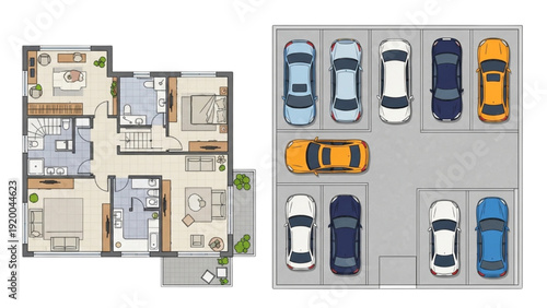 Detailed vehicle autocad blueprint of parking lot and building floorplan with cars and layout design
