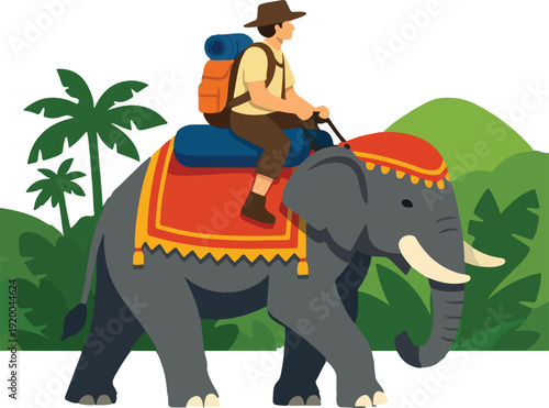 Elephant Rider Travel Concept Flat Vector Illustration featuring Character on Safari for Tropical Nature Adventure and Southeast Asia Tourism Design
