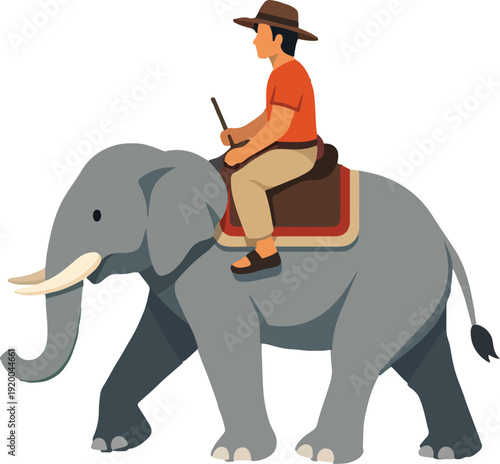 Man Riding Elephant Wildlife Flat Vector Illustration featuring Male Character on Safari for Nature Adventure and Southeast Asia Travel Design